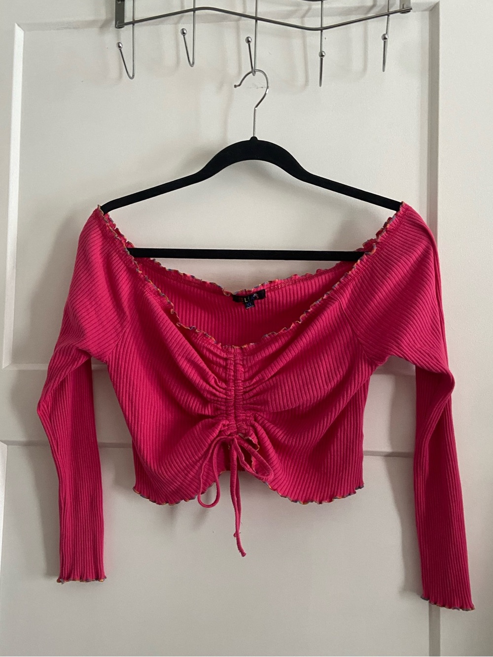 Ribbed Drawstring Off-Shoulder Crop Top
